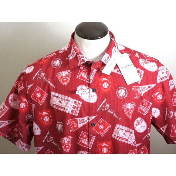 Tommy Bahama Men's SS Big Hitter Baseball Button Up Shirt Chili Pepper Red NWT - Picture 6 of 8